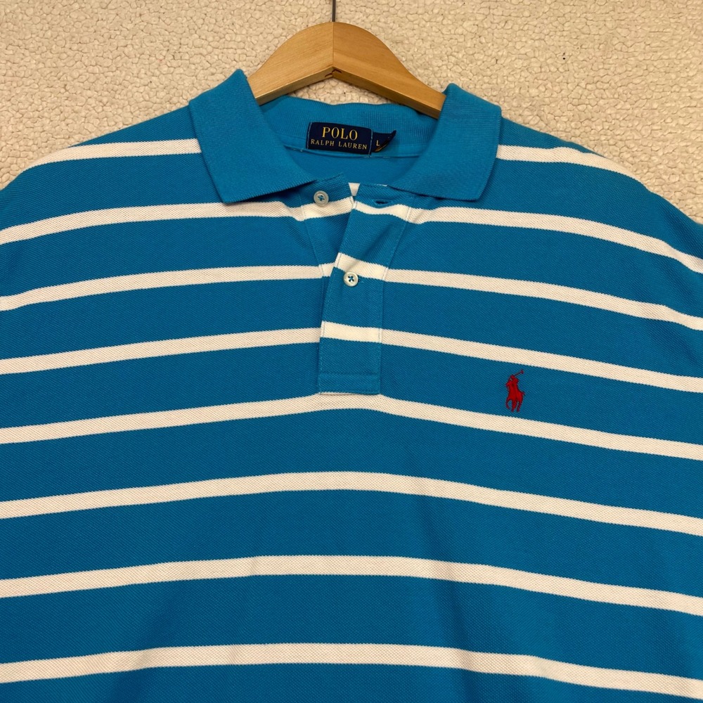 Polo Ralph Lauren Polo Mens L Blue Stripe Short Sleeve Pony Logo 1476